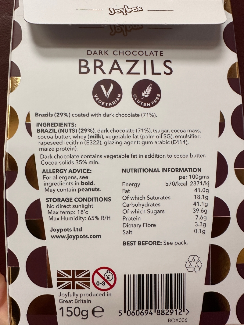 Dark chocolate Brazil nuts sold locally in Eastbourne.