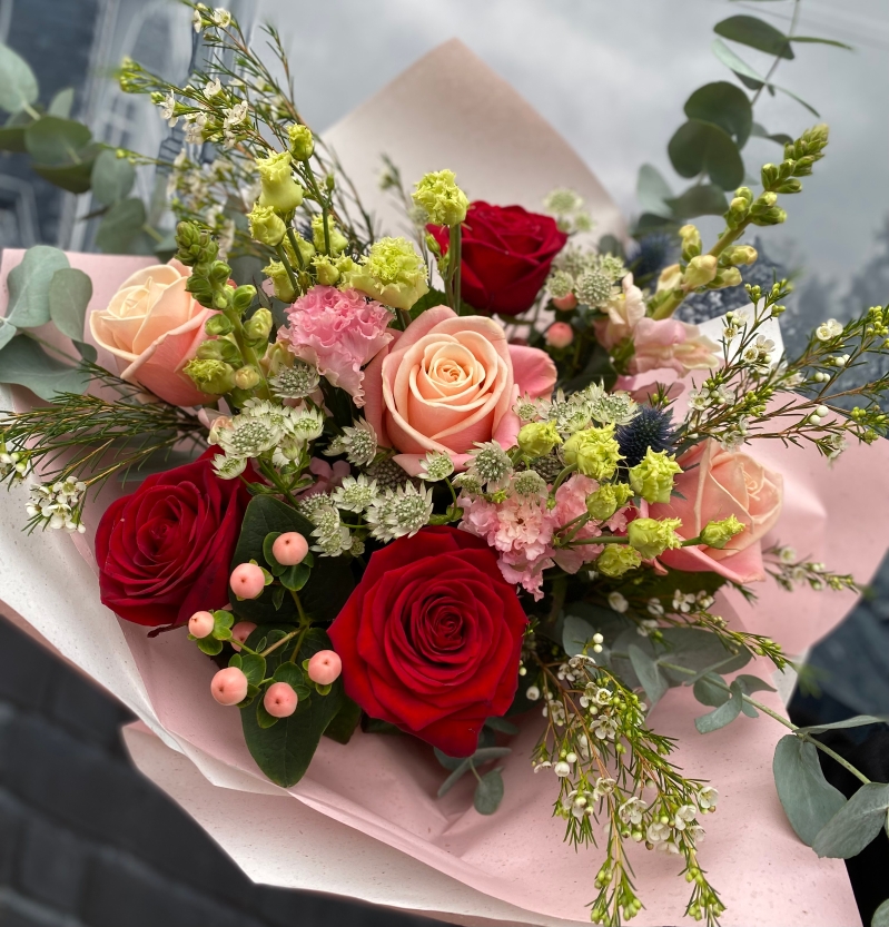 Red and Pink rose flower bouquet by Grand Flowers available for delivery