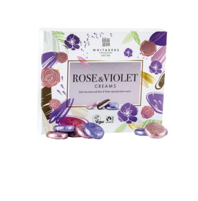 Whitakers foiled dark chocolate rose and violet creams