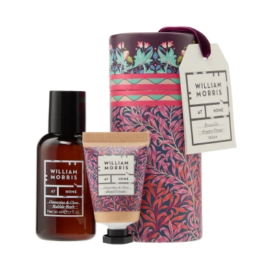 William Morris festive drum with bubble bath and hand cream