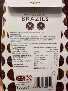 Dark chocolate Brazil nuts sold locally in Eastbourne.