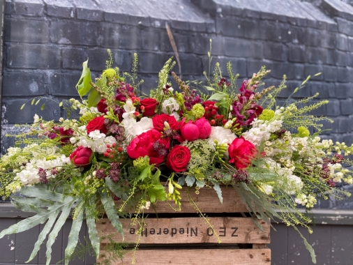 Red and White country garden coffin tribute