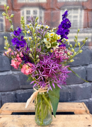 Recycled Jam Jar of fresh flowers